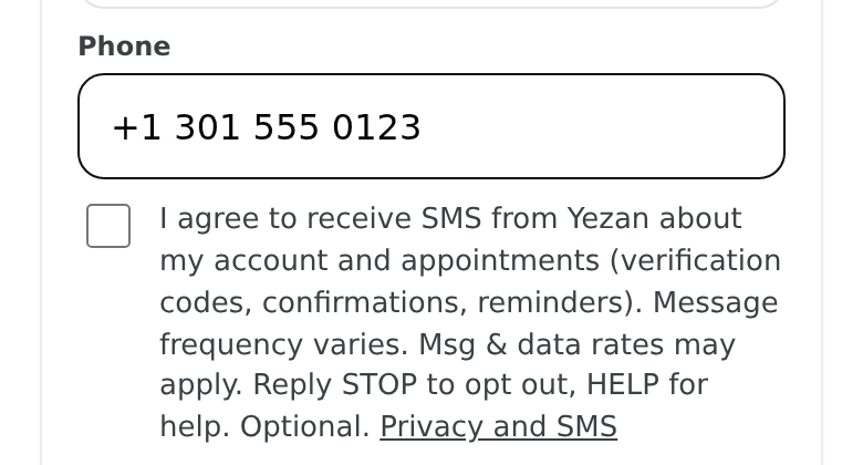 Booking form: phone field followed by the unchecked SMS consent box